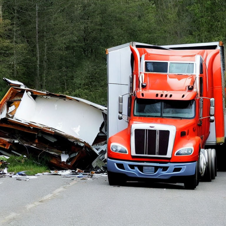 White trailer overturned next to orange truck on road after traffic accident.