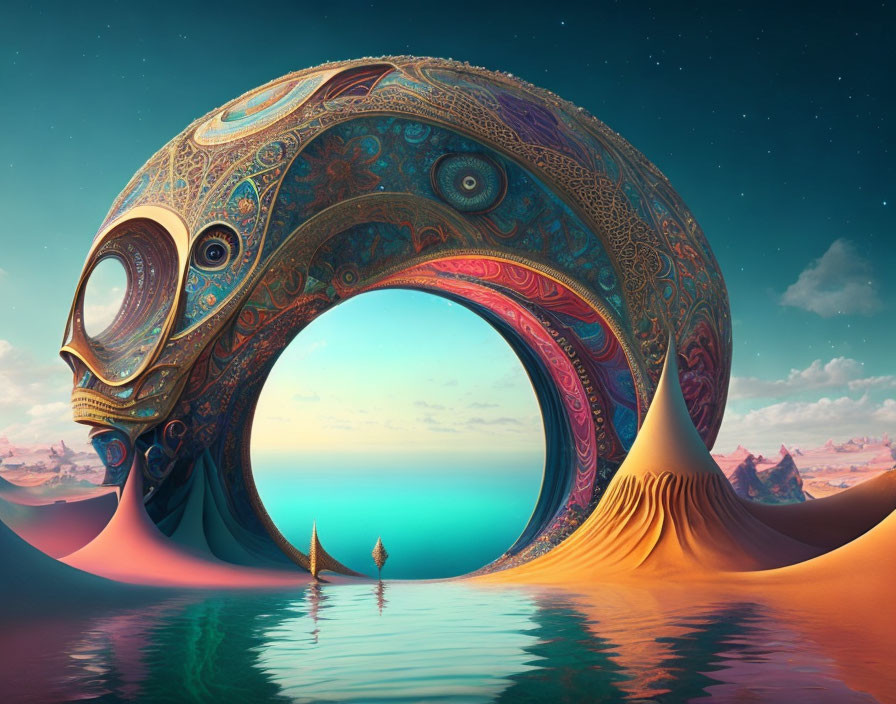 Surreal landscape with ornate ring-shaped mask structure by tranquil sea