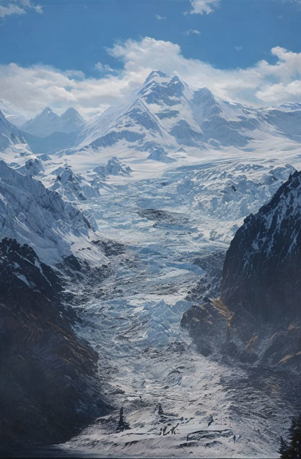 Snow-capped mountain overlooking glacier valley under clear blue sky