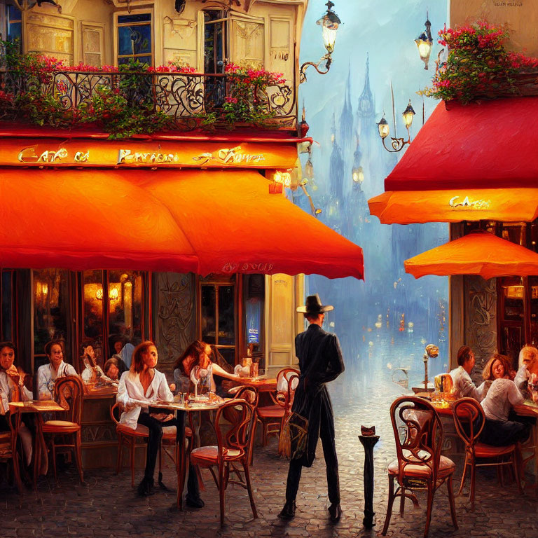 Cozy Parisian Café Scene with Patrons and Elegantly Dressed Figure