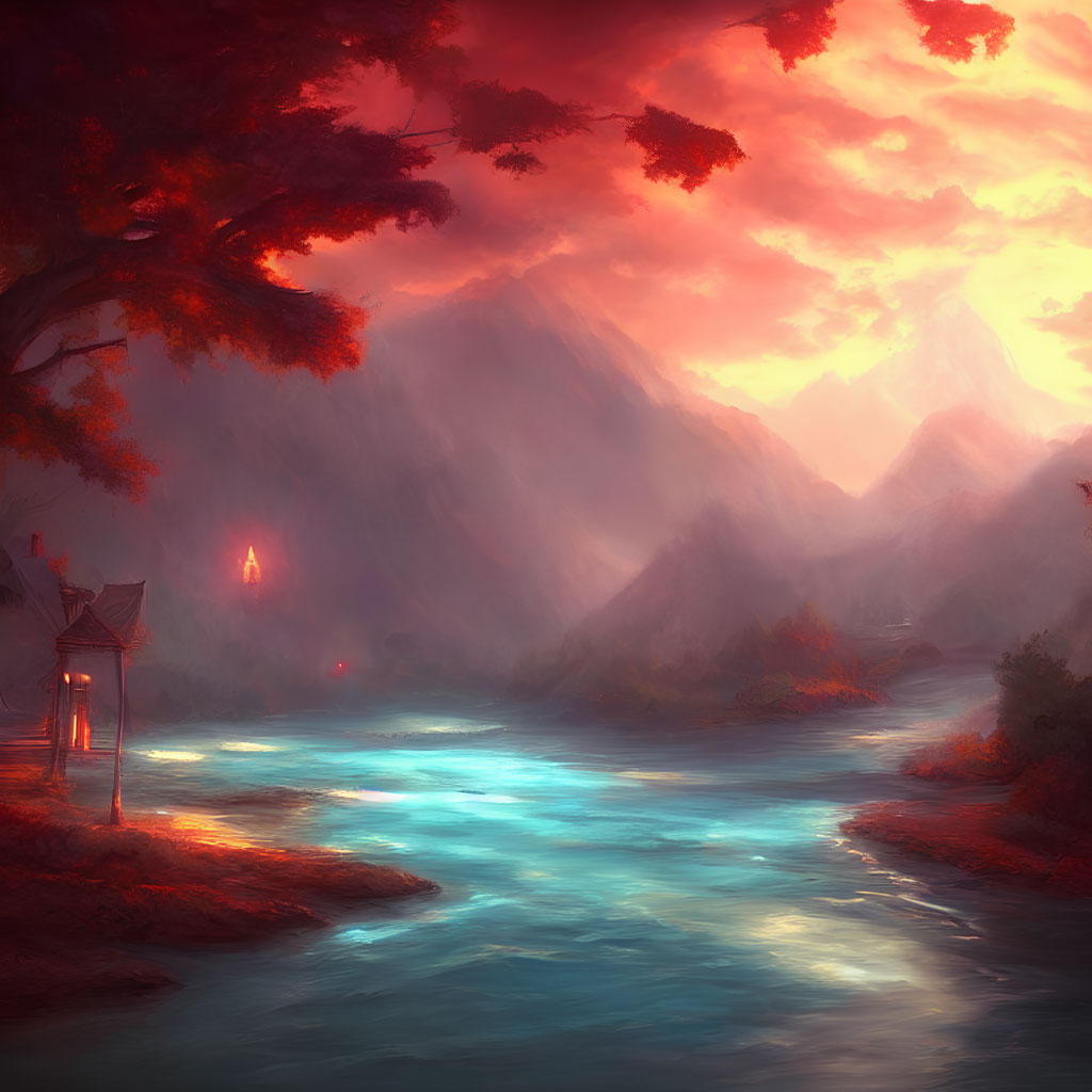 Mystical river in serene valley at sunset with red foliage and mountains