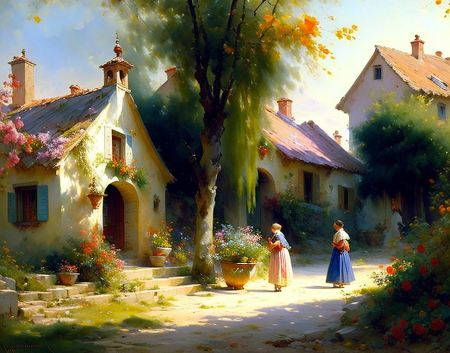 Women in traditional dresses chatting near cobblestone path by blooming flowers and quaint houses with tall tree