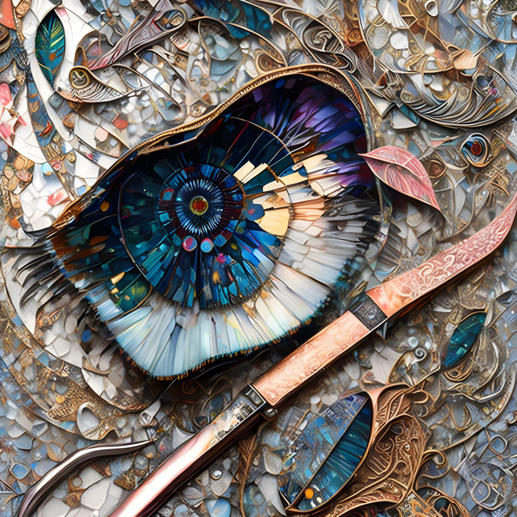 Ornate Open Pocket Watch with Kaleidoscopic Interior and Metallic Gears on Textured Background