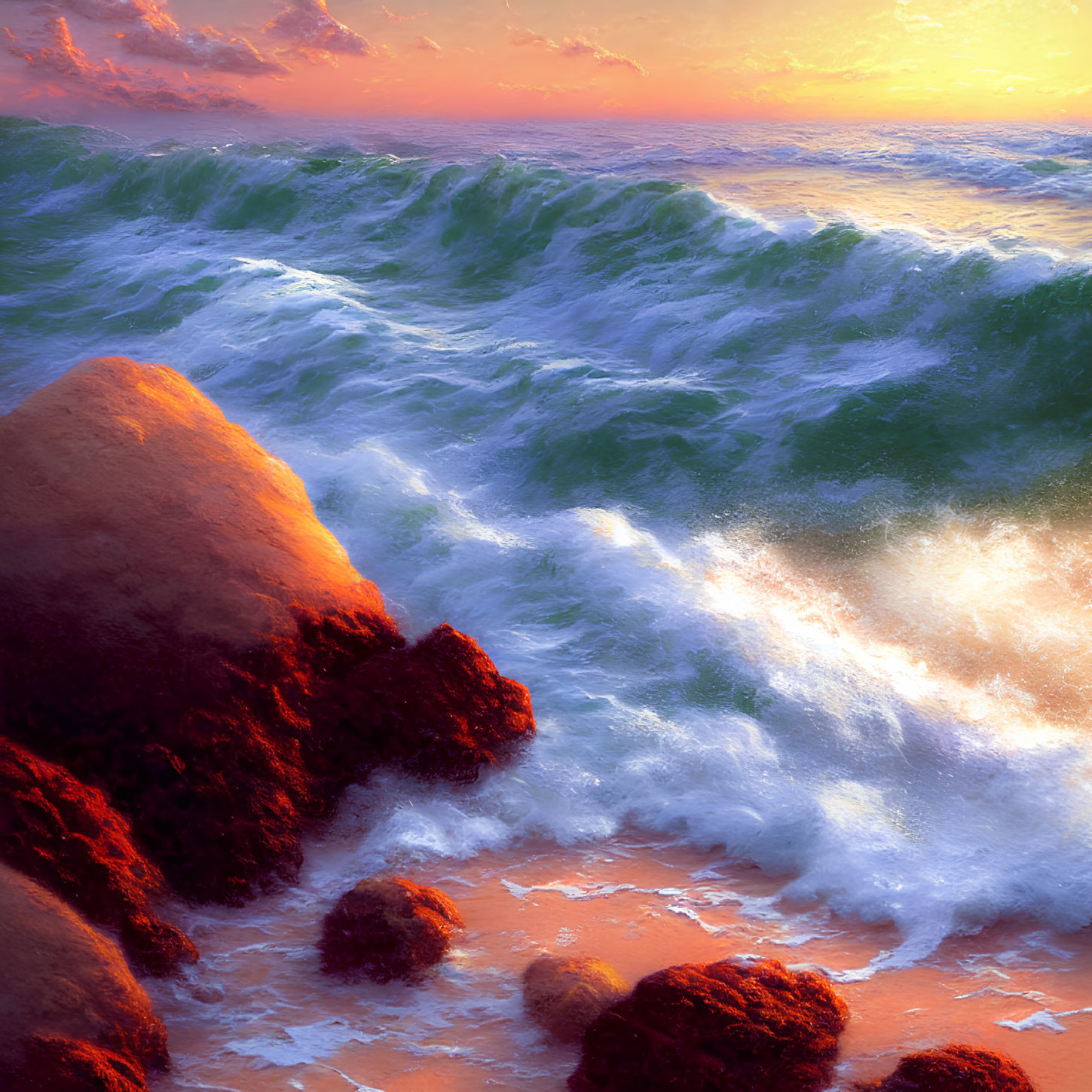 Vibrant sunset over turbulent sea with crashing waves on moss-covered rocks