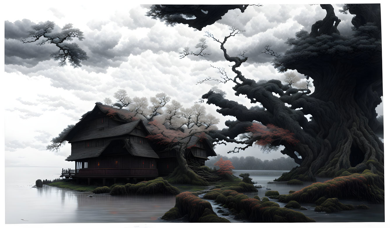 Tranquil Japanese village by blossoming lake