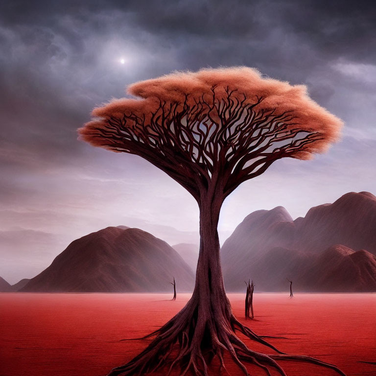 Colossal tree in surreal landscape with figures and hills under dusky sky