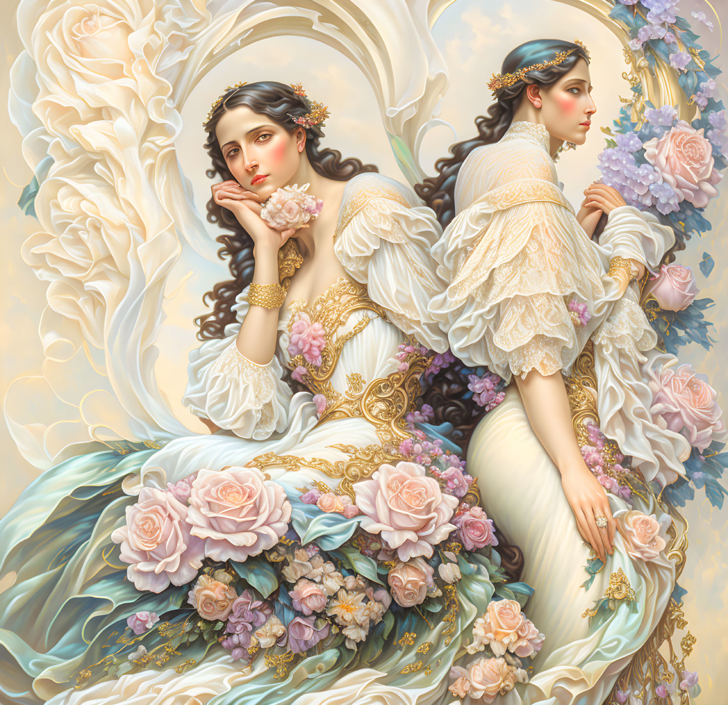 Two Women in Ornate Dresses with Roses and Gold Embellishments