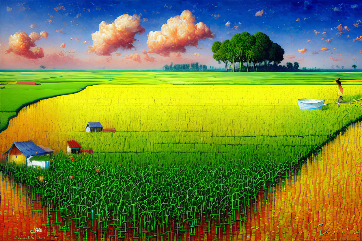 Vibrant rural landscape painting with rice fields, houses, person, and trees under blue sky