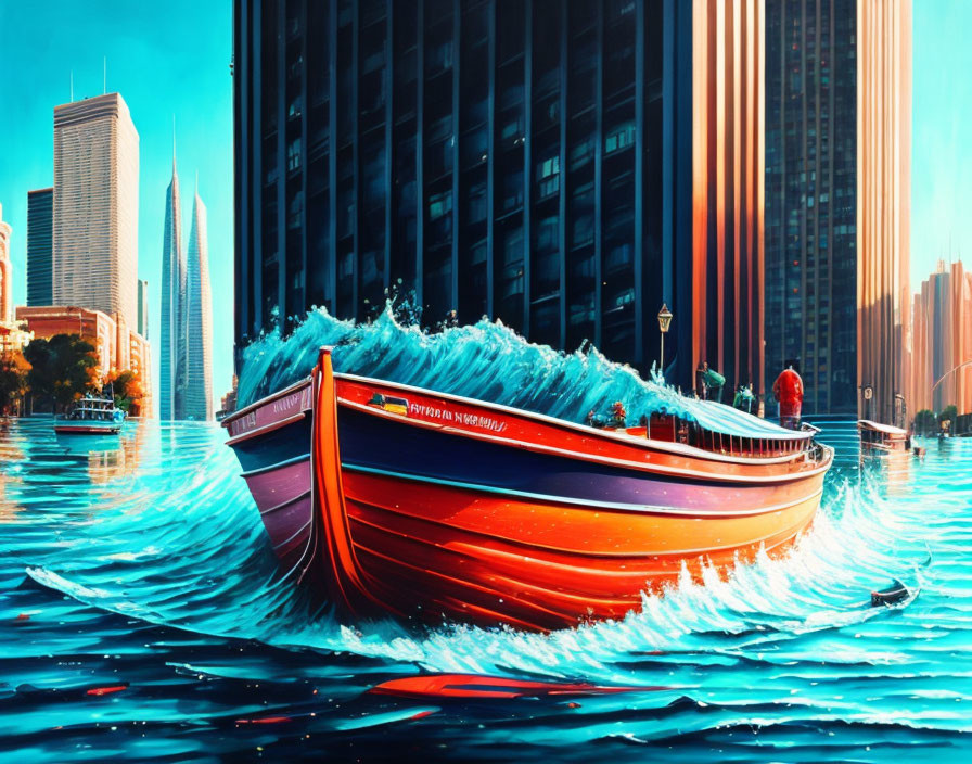 Colorful Boat "Hyperion XVI" Riding Wave in Flooded City Street