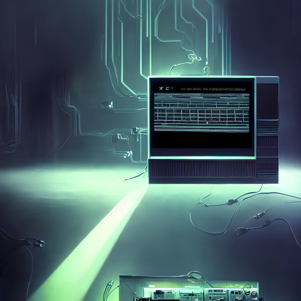 Retro-futuristic illustration: CRT monitor, data, electronic devices, neon lighting