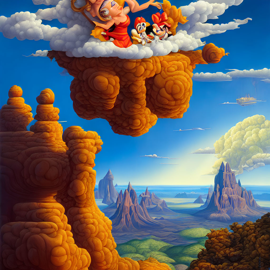 Fantasy landscape with floating islands, rock formations, and characters on fluffy cloud