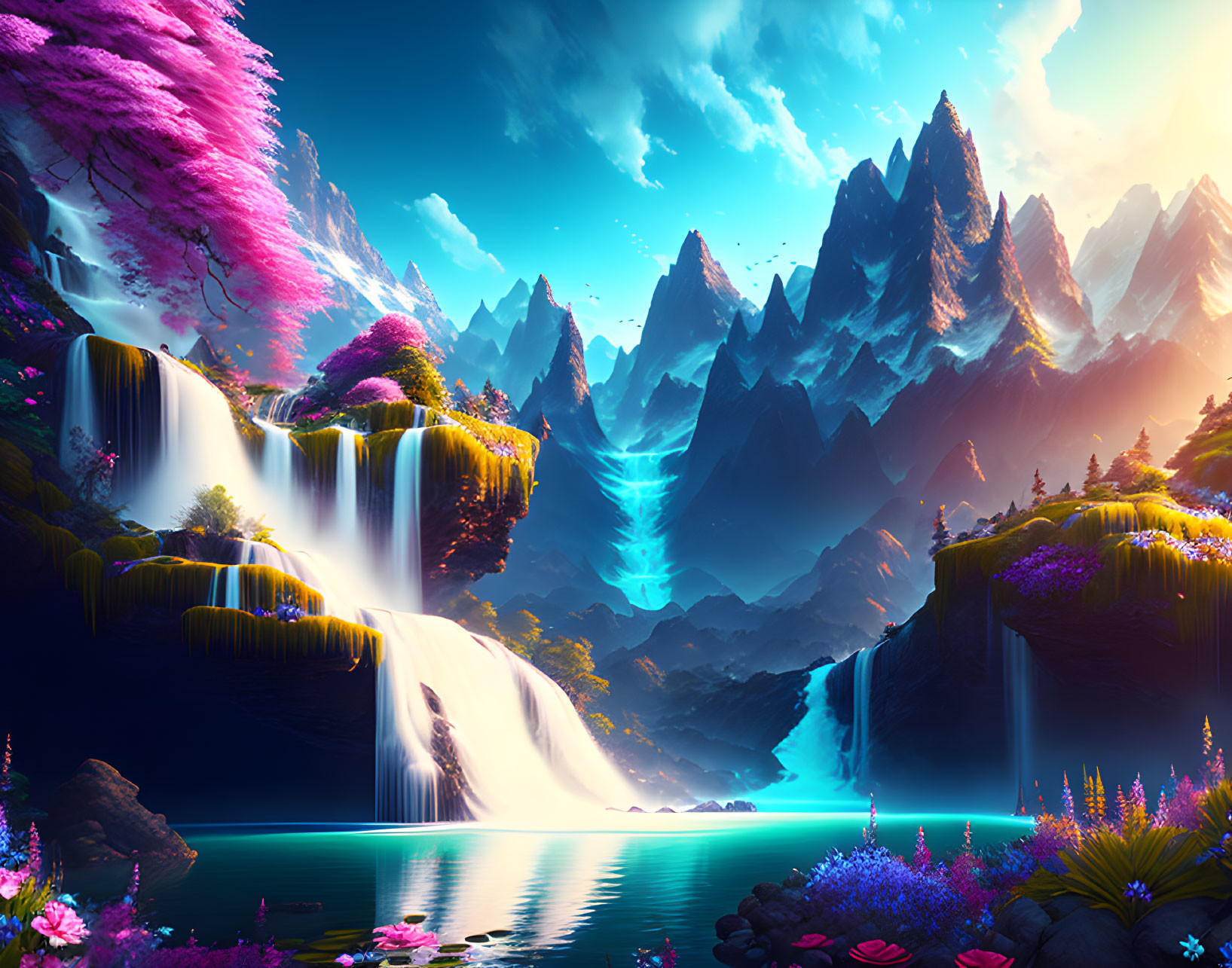 Fantastical landscape with waterfalls, luminous flora, and jagged mountains