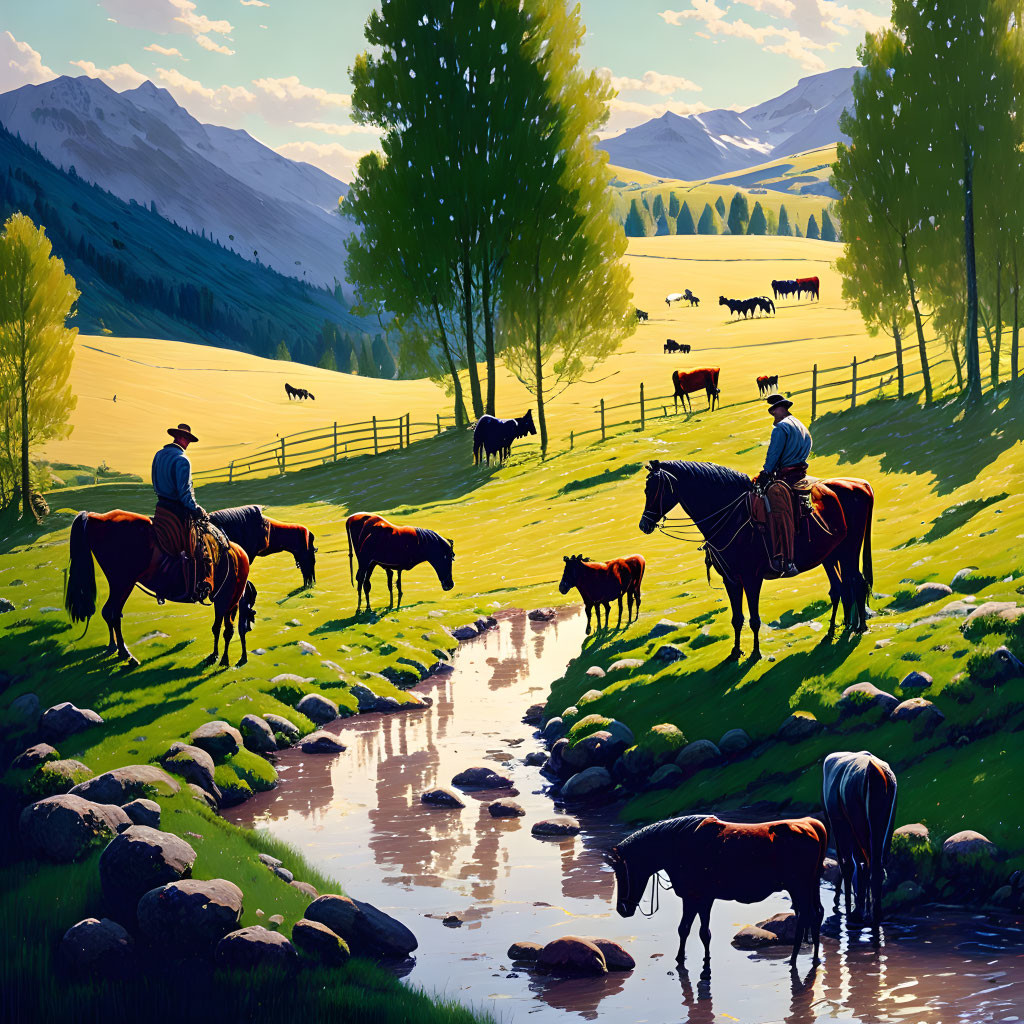 Cowboys on horseback tending cattle near a serene stream