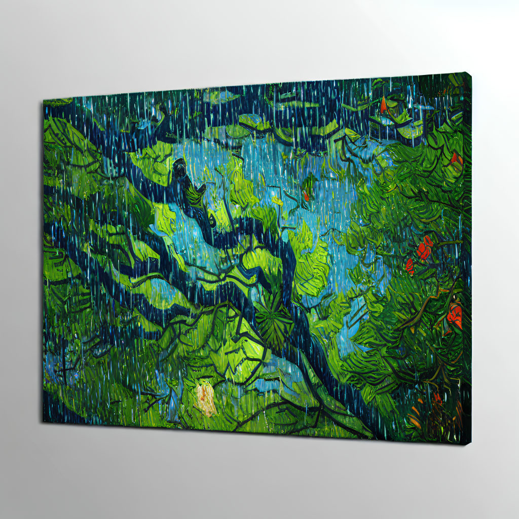 Colorful textured painting of lush starry night with thick brushstrokes on wall