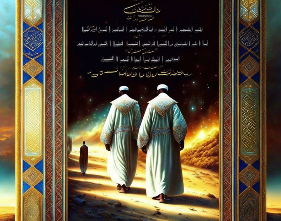 Traditional attired individuals walking in desert landscape with Arabic script and ornate borders.