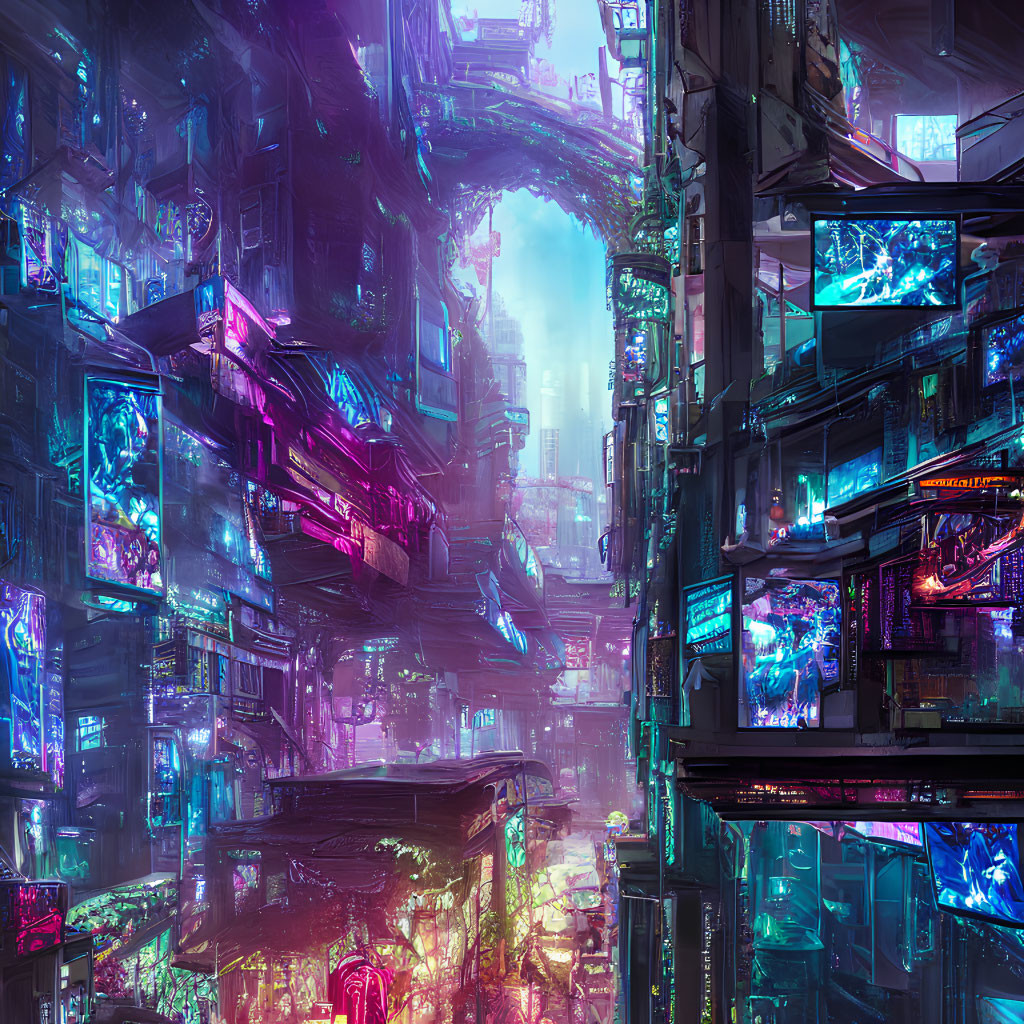 Futuristic cityscape with neon signs and cyberpunk alleyway