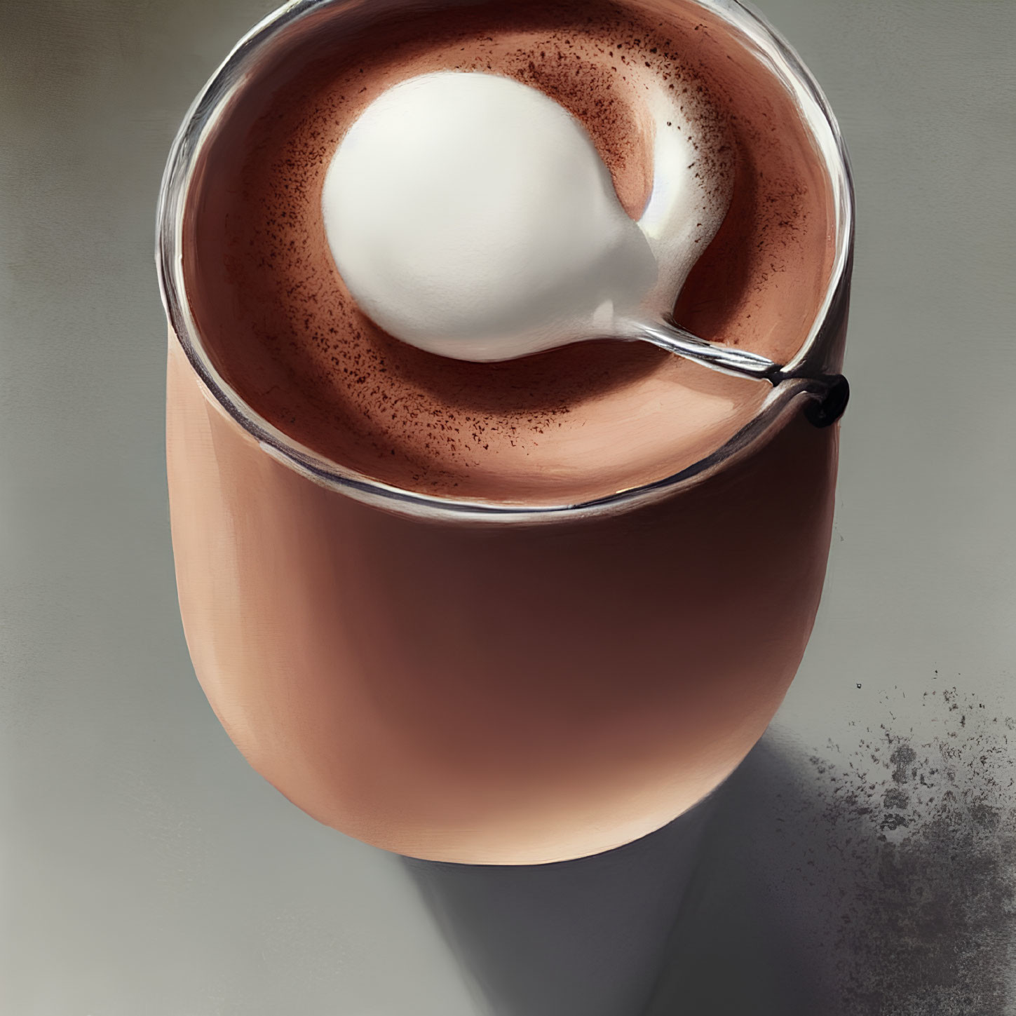 Digital illustration of ceramic cup with hot chocolate and marshmallow.