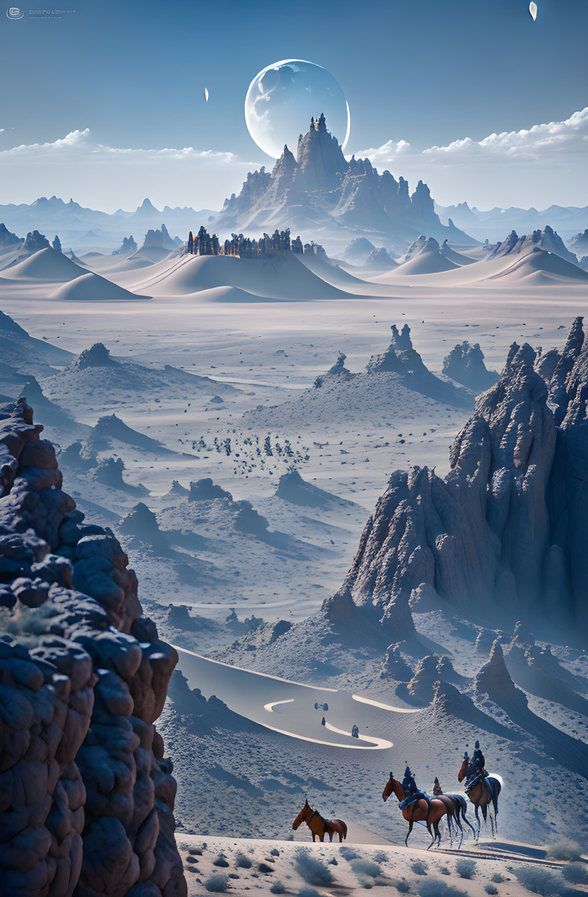 Desert landscape with travelers, castle, and giant moon