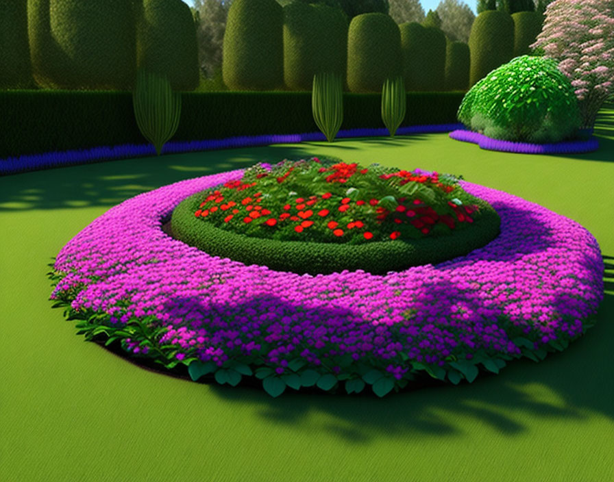 Circular flowerbed with vibrant purple and red flowers in a manicured garden.