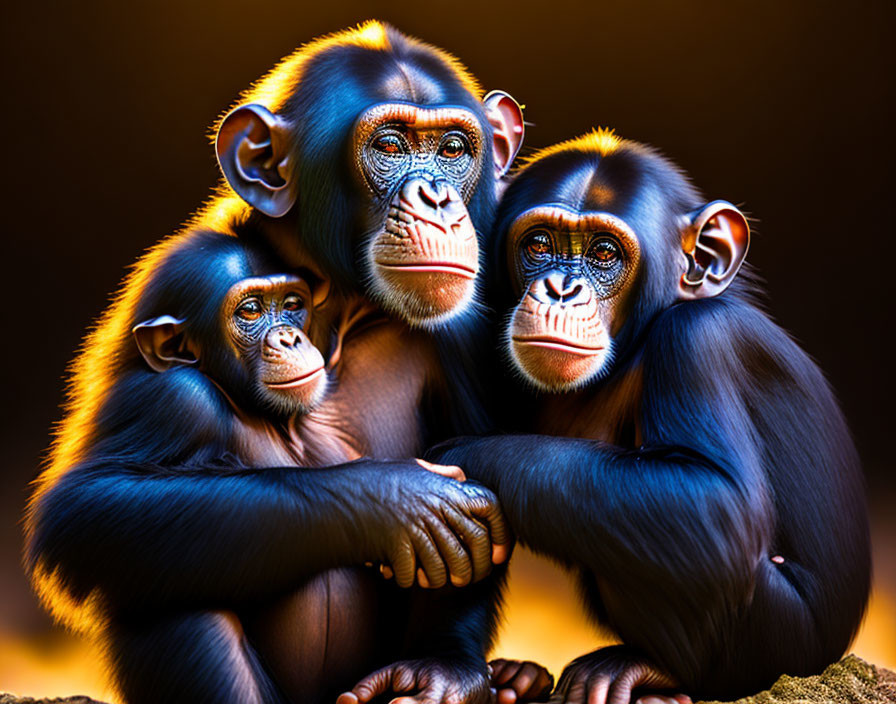 Three Chimpanzees with Expressive Faces Sitting Together in Warm Lighting