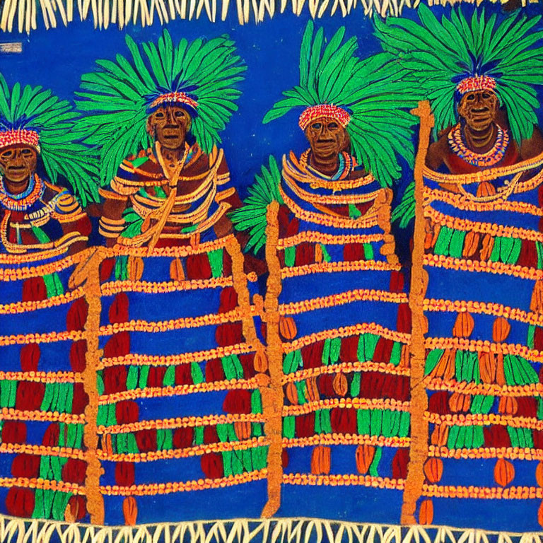 Vibrant painting of three figures in traditional attire with feathered headdresses on blue background