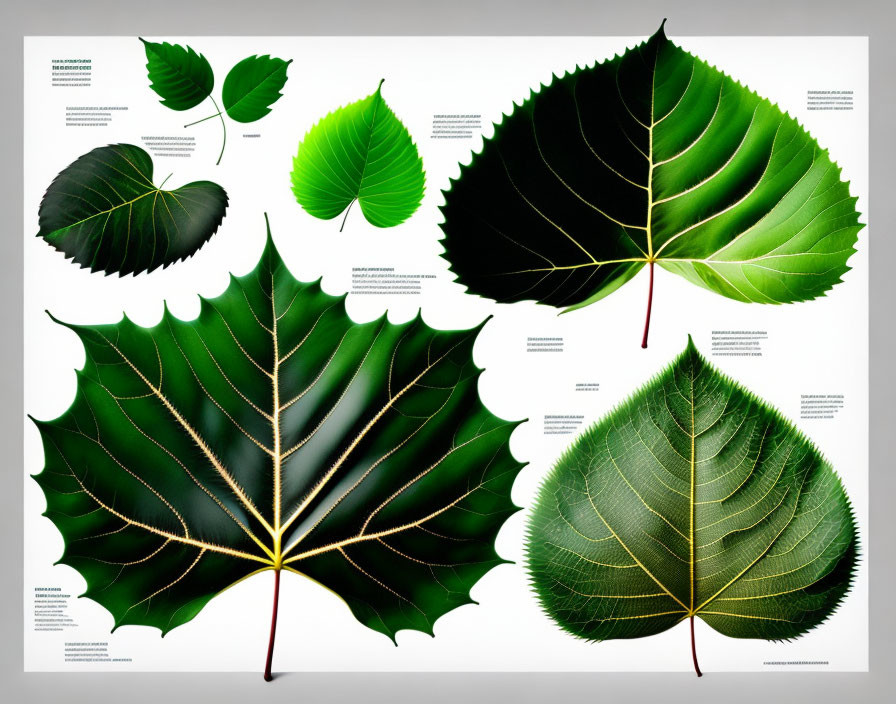 Botanical Educational Poster Featuring Various Green Leaves & Descriptive Texts