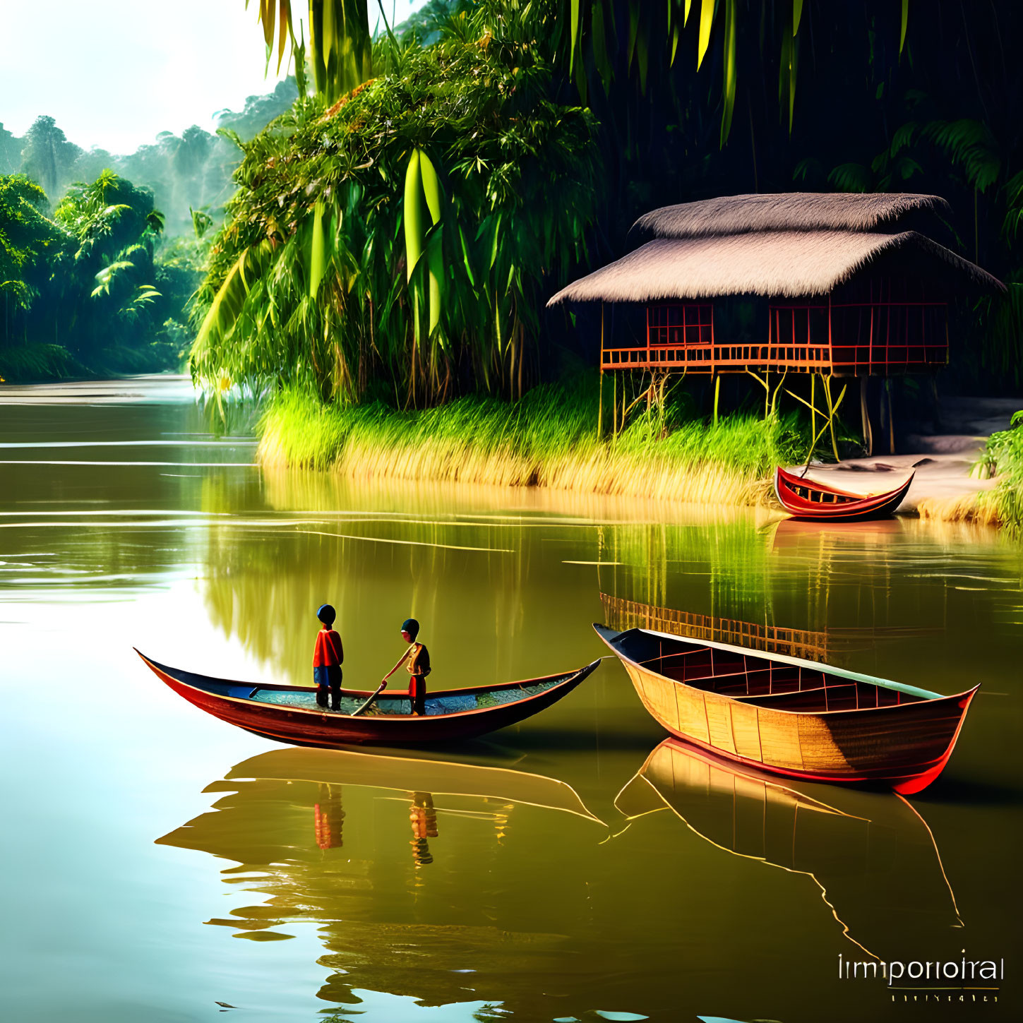 Two people in wooden boat on tranquil river with thatched hut in lush greenery