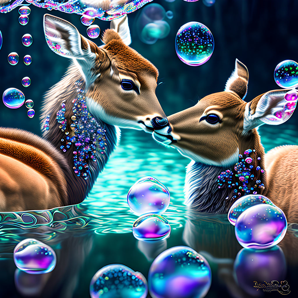 Stylized deer with decorative fur patterns in magical forest scene