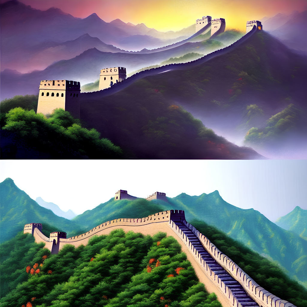 Iconic Great Wall of China snaking through misty mountains at dawn or dusk