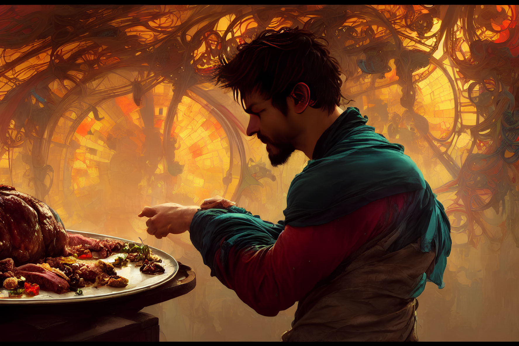 Man garnishing food on ornate plate in warmly lit setting