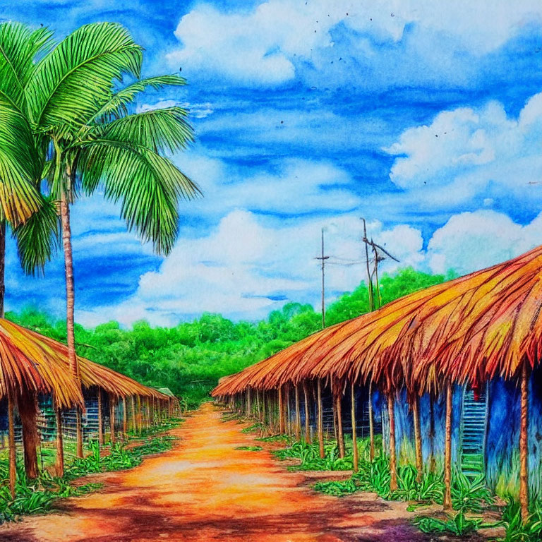 Tropical village street watercolor illustration with thatched-roof huts