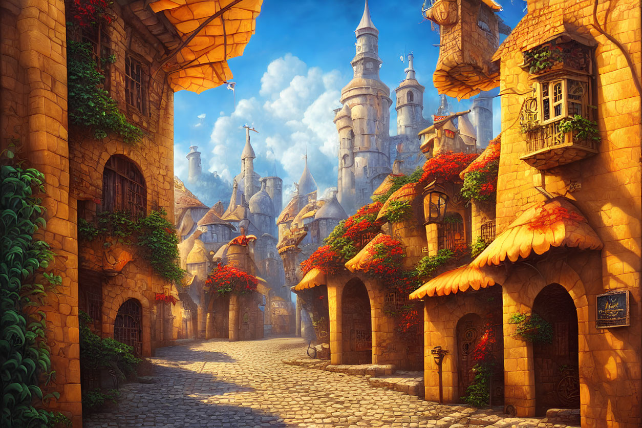 Fantasy cobblestone street with houses, vines, and castle under sunny sky