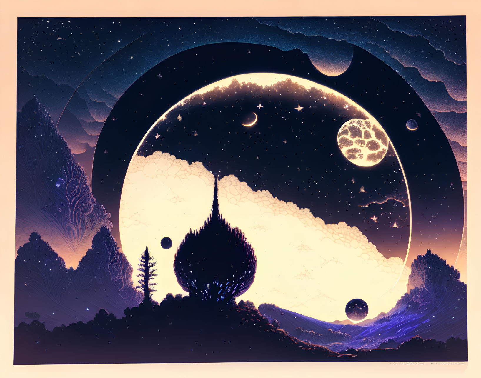 Surreal landscape with gradient sky, moons, stars, and glowing celestial backdrop