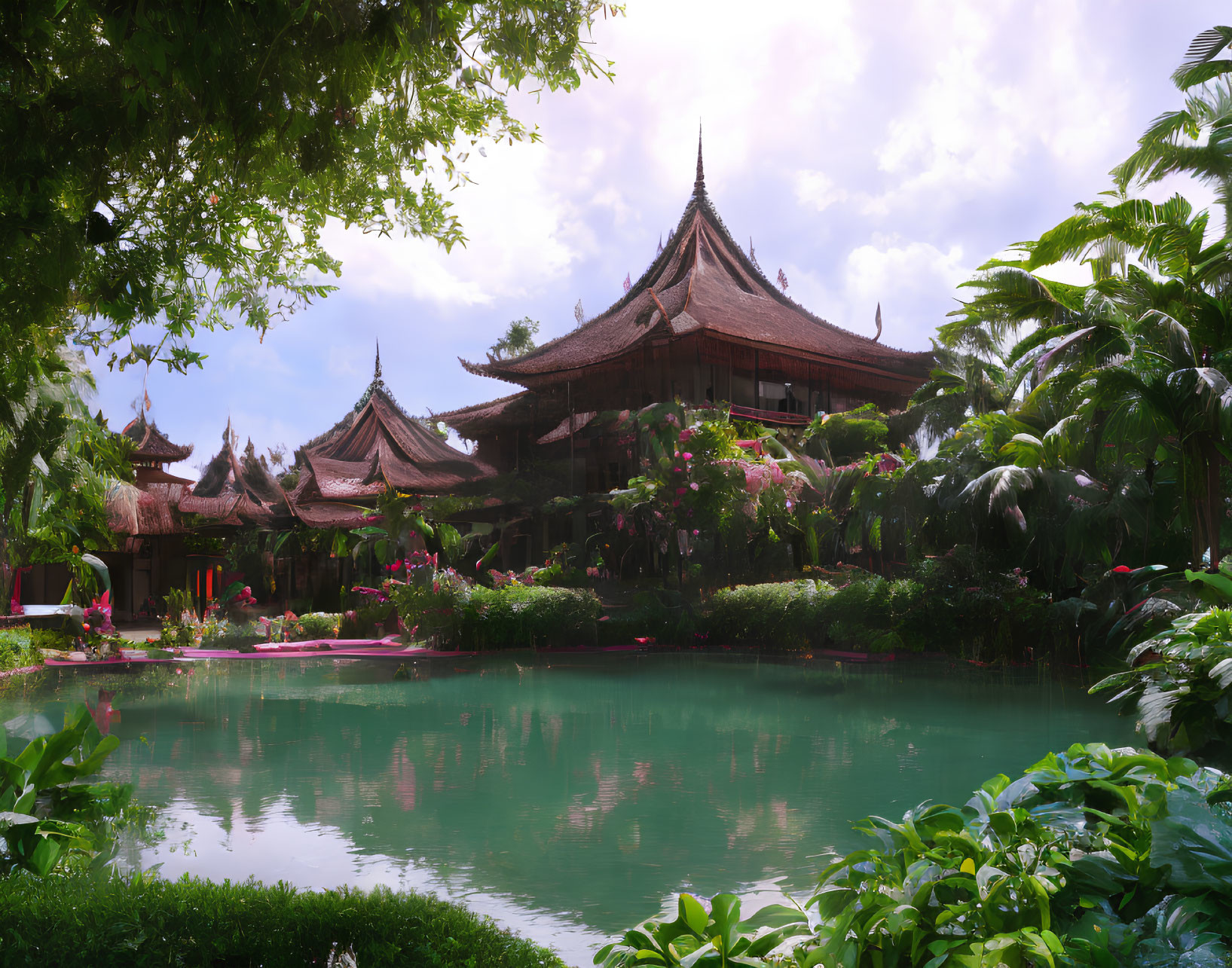 Asian-style Buildings with Tiered Roofs Amid Lush Greenery and Pond