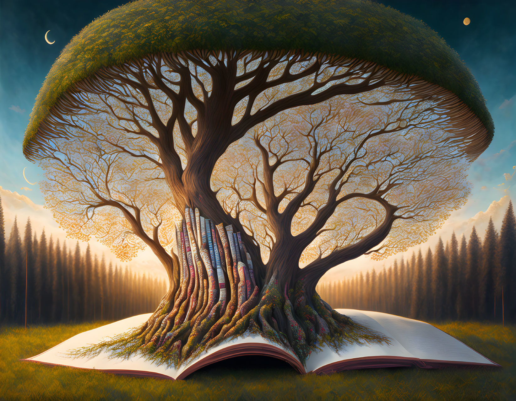 Open book with tree growing against forest backdrop and crescent moon