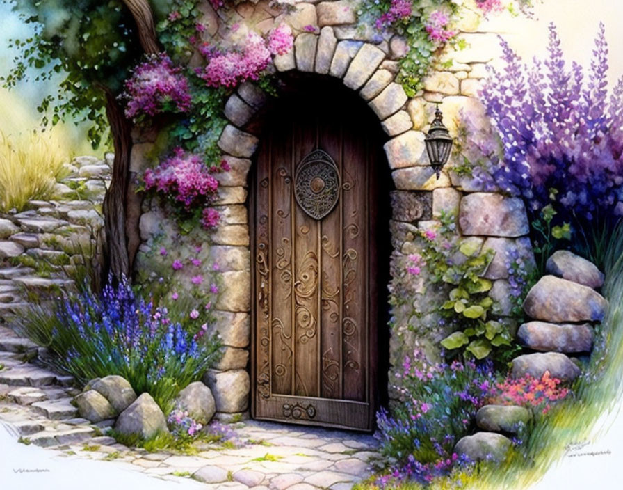 Enchanting wooden door in stone archway with lush vines and flowers