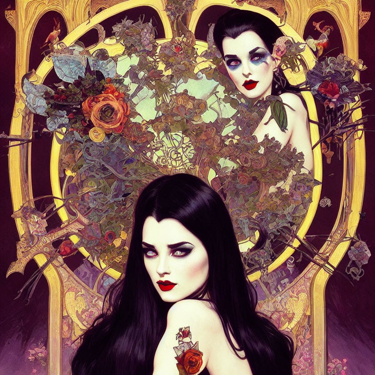 Pale-skinned woman with black hair in gothic-themed illustration.