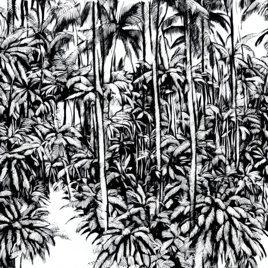 Detailed Black and White Ink Drawing of Dense Jungle