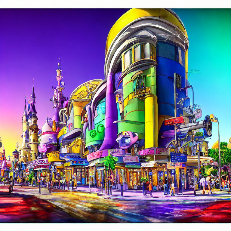 Colorful Cartoon Street Scene with Exaggerated Architecture and Palm Trees