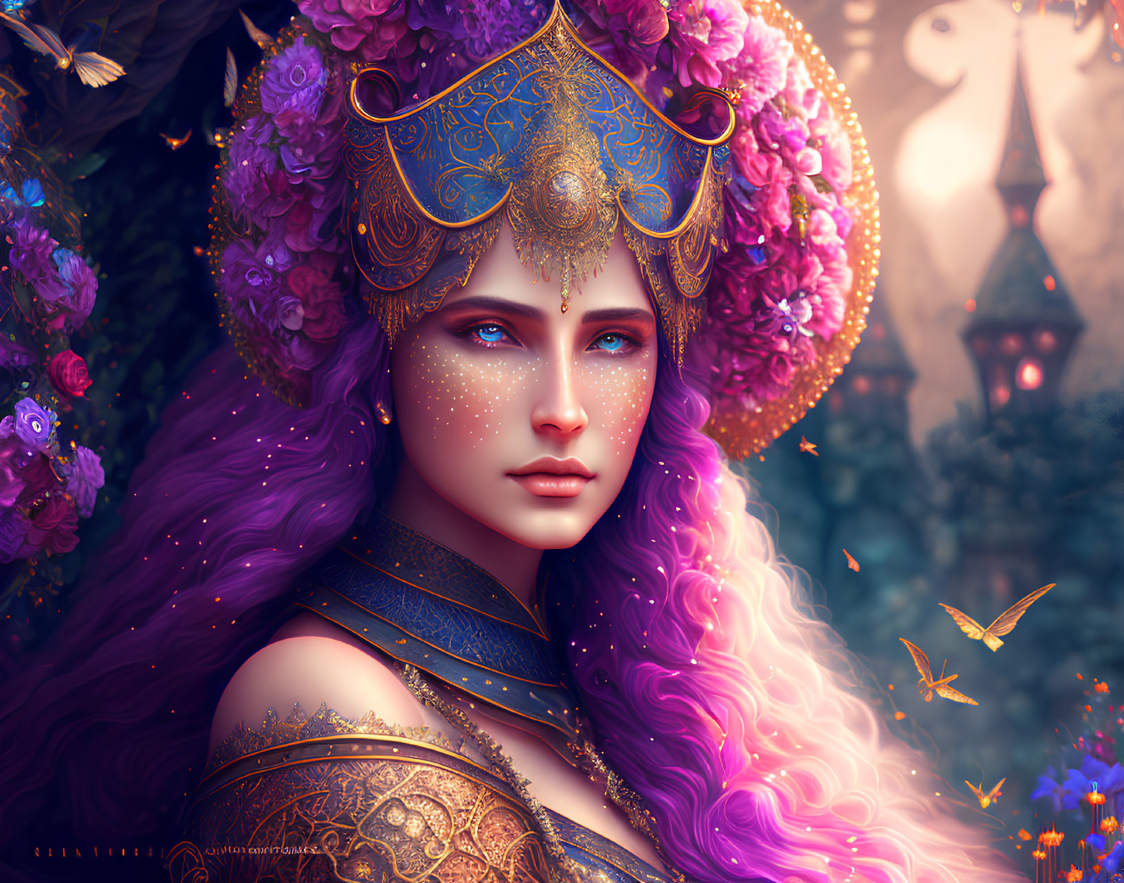 Fantasy illustration of woman in violet hair and golden armor amidst lush flora and butterflies.