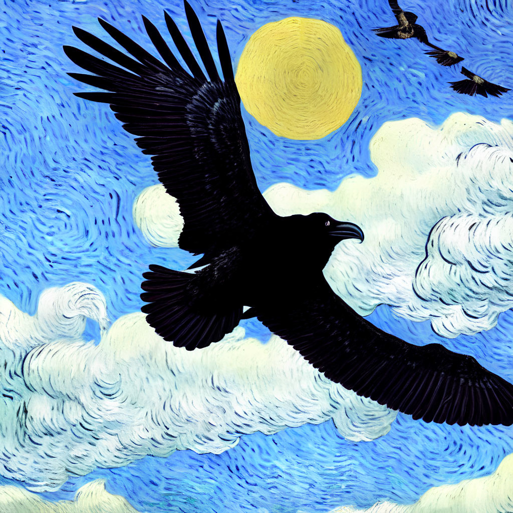 Stylized black bird in flight against swirling sky.