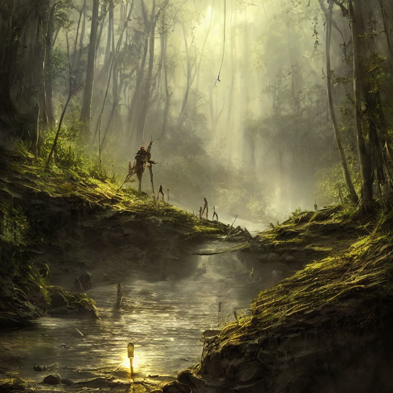 Warrior in mystical forest with sun rays, calm river, ancient and eerie swords.