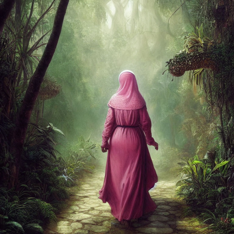 Person in Pink Robe Standing in Ethereal Forest with Misty Atmosphere