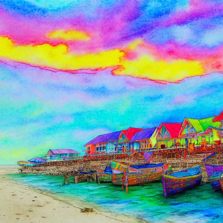 Vibrant sunset beachside huts and boats illustration