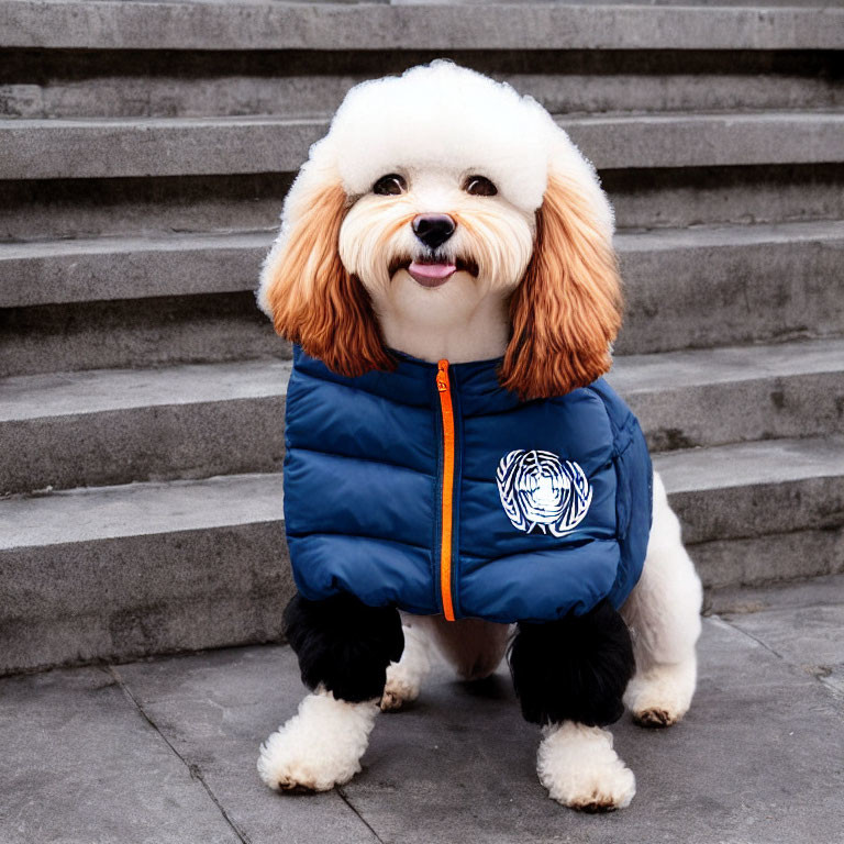 Fluffy white and tan dog in blue and black jacket sitting by stairs