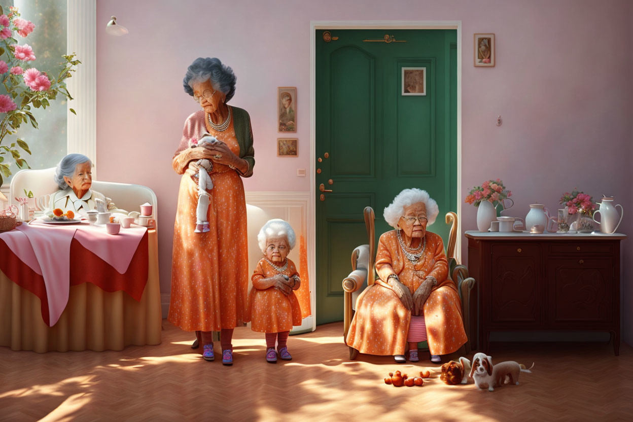 Illustration of four elderly women in cozy setting with cat, knitting, reading, and playful dog.