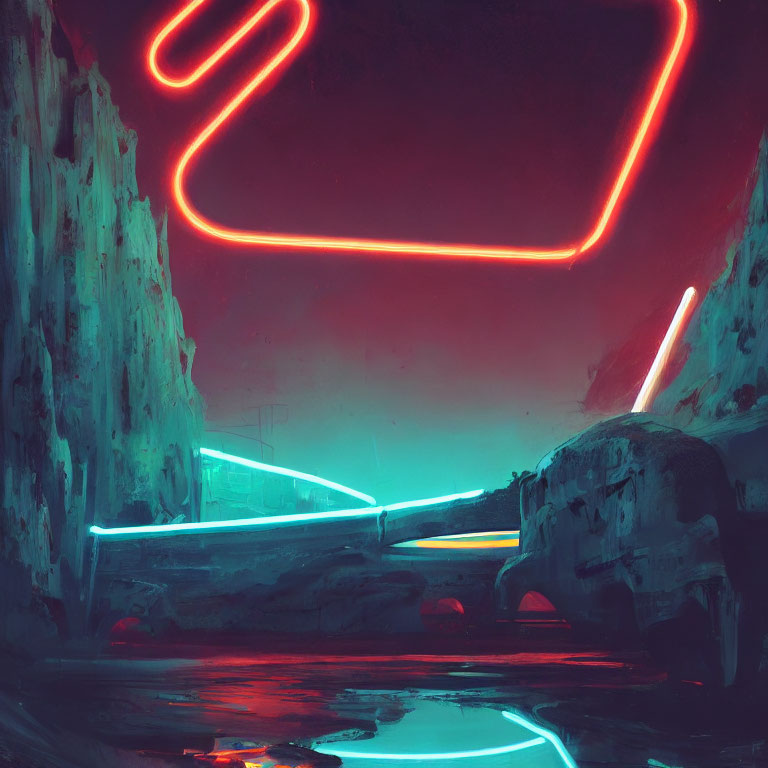 Futuristic neon-lit canyon with red and blue lights and reflective water.