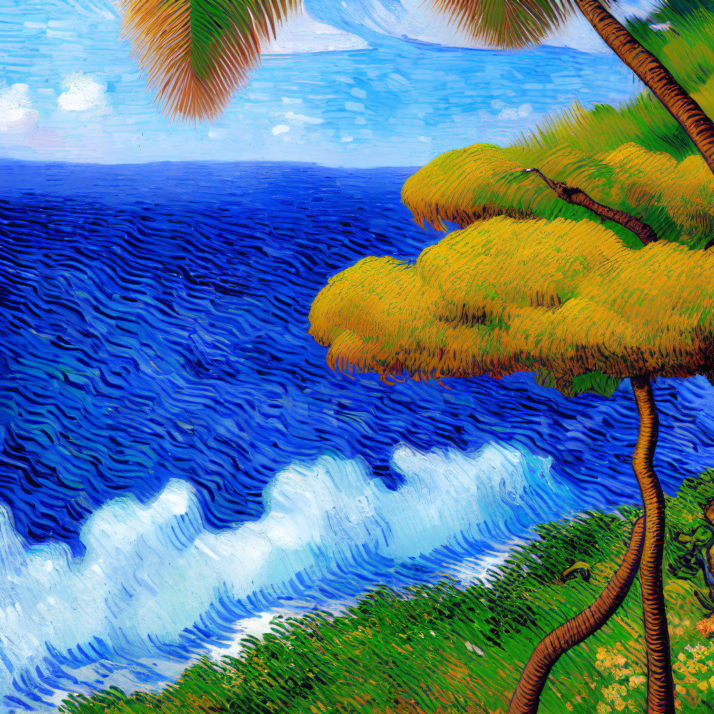 Scenic seaside painting with crashing waves and tropical trees