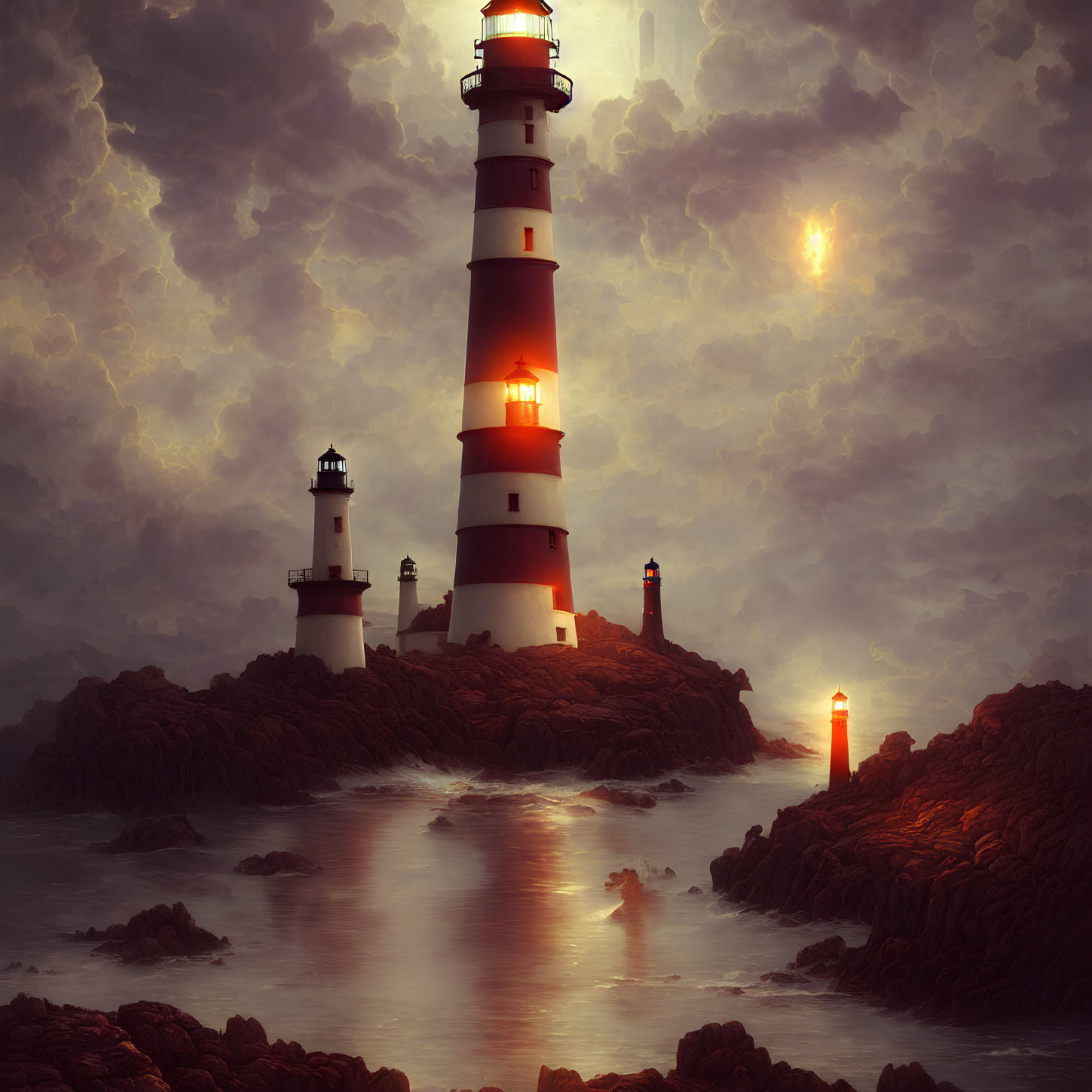 Mystical scene of glowing lighthouses on rocky outcrops