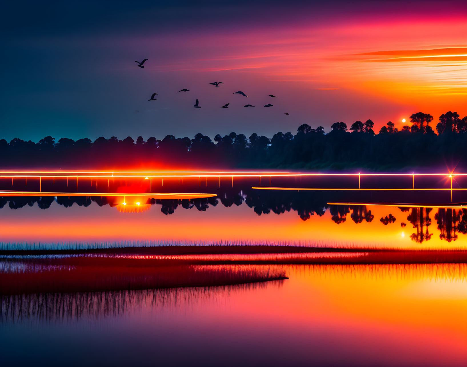 Scenic sunset over lake with silhouetted trees, bridge, and birds